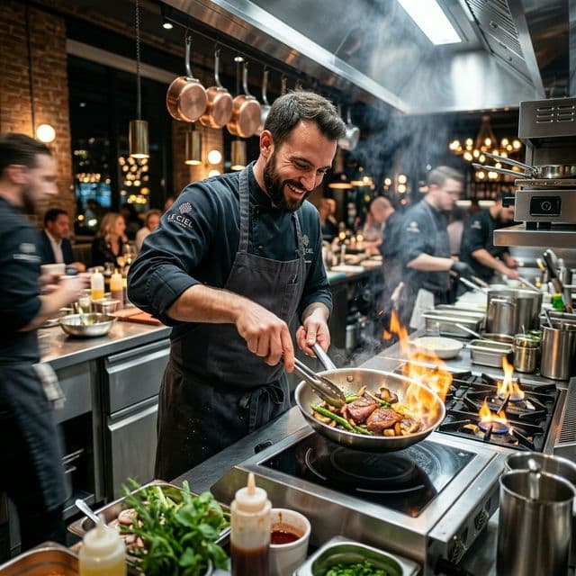 Modern restoran, şef gurme yemek sunuyor